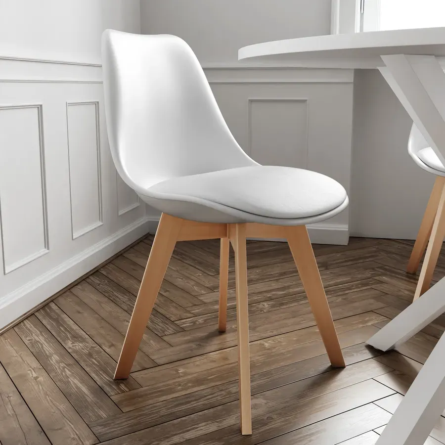 Anteprima Set 4 sedie in polipropilene bianco con cuscino in similpelle e gambe in legno di faggio - Alborg Plus